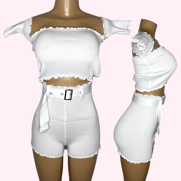 White Outfit for Women Size S High Waist Short with belt and off shoulder top - Picture 1 of 6